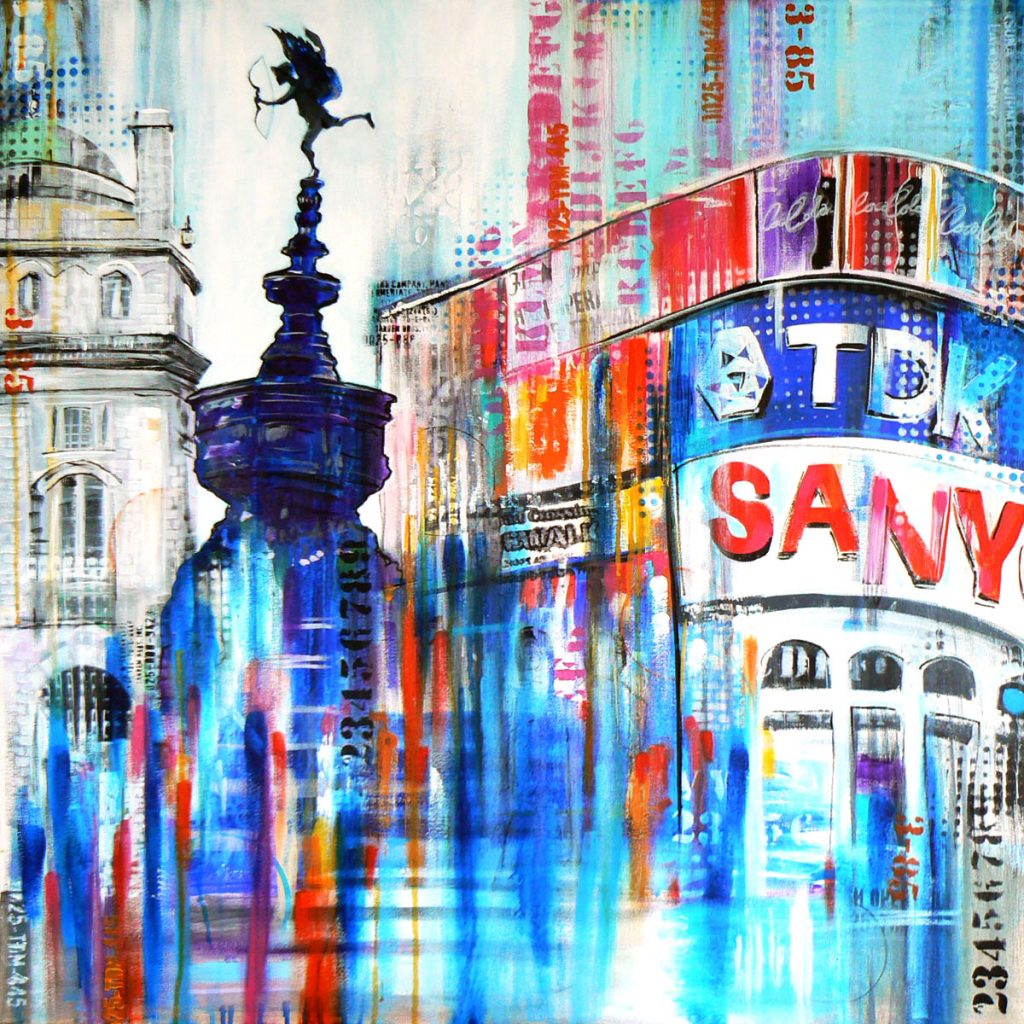 Metropolis - Piccadilly Circus (London, Eros, Piccadilly Circus, urban landscape semi abstract artwork) (2018) Acrylic painting by Carolynne Coulson