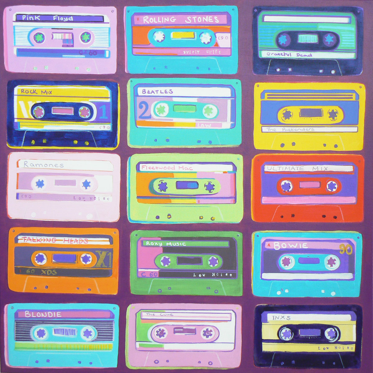 All in the mix #2 (cassette tapes, retro music, 70's, 80's rock culture, large canvas artwork) (2018) Acrylic painting by Carolynne Coulson