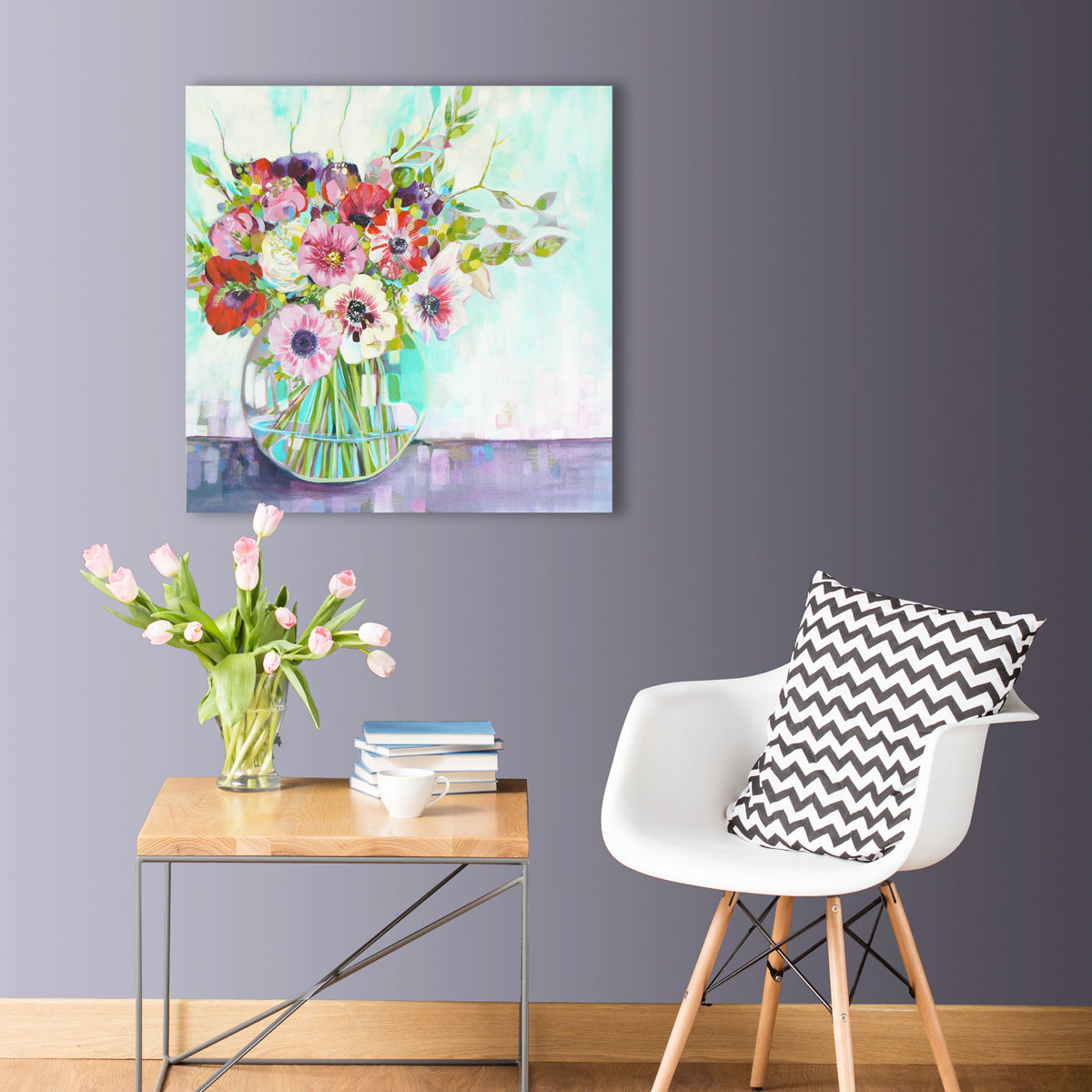 Spring anemones (semi abstract floral / flower painting with collage elements) (2018) Acrylic painting by Carolynne Coulson