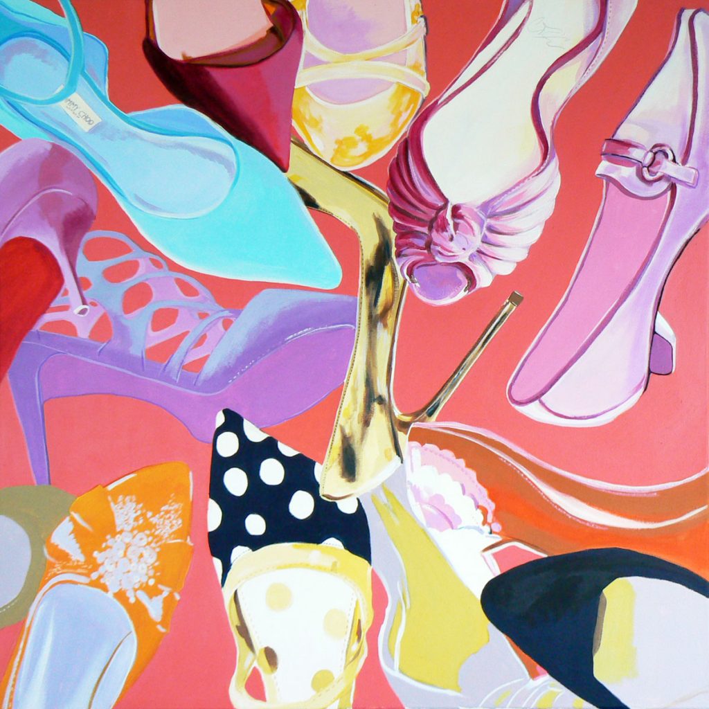 À la recherche du shoe perdu (In search of the lost shoe)- after Warhol - pop culture, designer label shoes as art for the person who can never have enough shoes! (2018)Acrylic painting by Carolynne Coulson