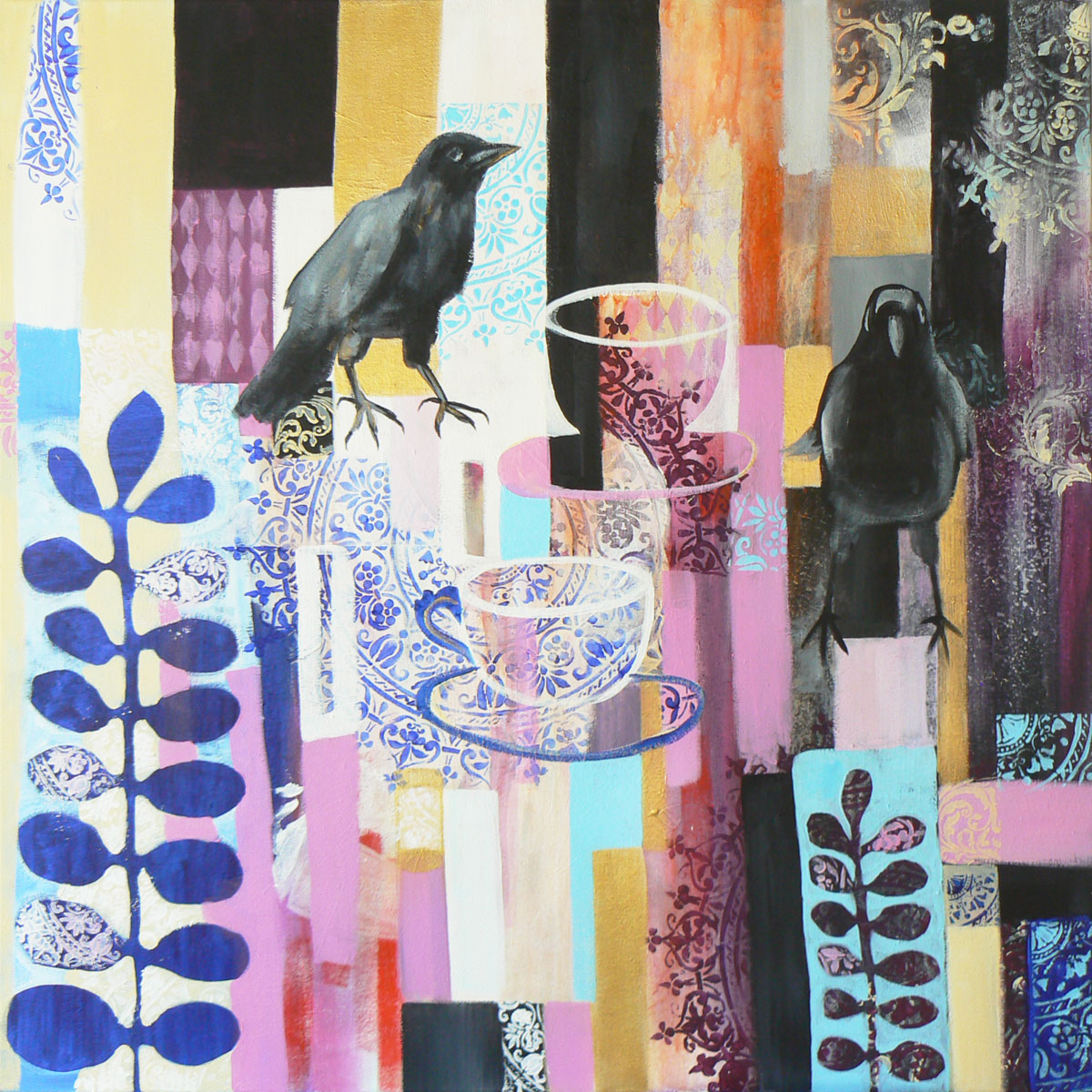 Two for tea (jackdaws, birds, crows, ravens, tea cups) (2018) Acrylic painting by Carolynne Coulson