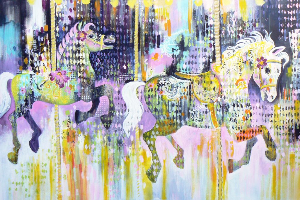 The gallopers (large expressive contemporary painting with carousel horses, kitsch art) (2018) Acrylic painting by Carolynne Coulson