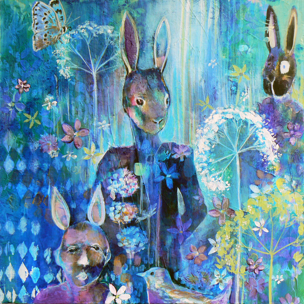 Going to the tea party ( contemporary narrative painting, hare, butterfly and Alice in wonderland / Through the looking glass) (2018) Acrylic painting by Carolynne Coulson
