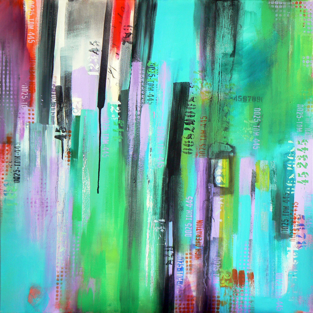 Calculating (contemporary urban abstract, typography artwork in blues and greens) (2018) Acrylic painting by Carolynne Coulson